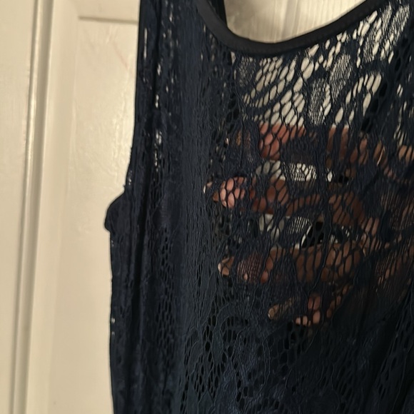 Navy Blue A-Cut sheer waist down Lace overlay waist up Tea Length never worn - Picture 5 of 6